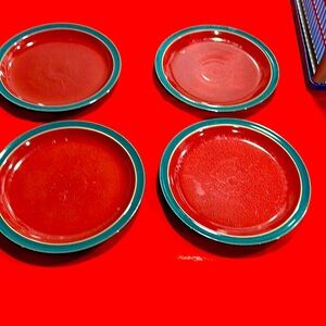 Vintage Denby Red/Green 4 large plates 10.5.